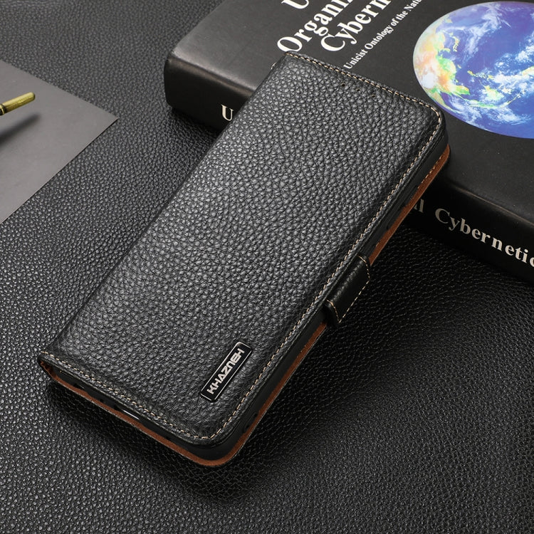 For OnePlus 9 KHAZNEH Side-Magnetic Litchi Genuine Leather RFID Phone Case(Black) - OnePlus Cases by PMC TechLife | Online Shopping South Africa | PMC TechLife | Buy Now Pay Later Mobicred