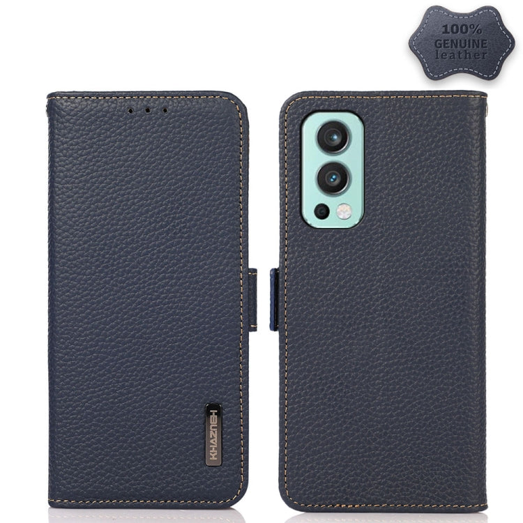 For OnePlus Nord 2 5G KHAZNEH Side-Magnetic Litchi Genuine Leather RFID Phone Case(Blue) - OnePlus Cases by PMC TechLife | Online Shopping South Africa | PMC TechLife | Buy Now Pay Later Mobicred