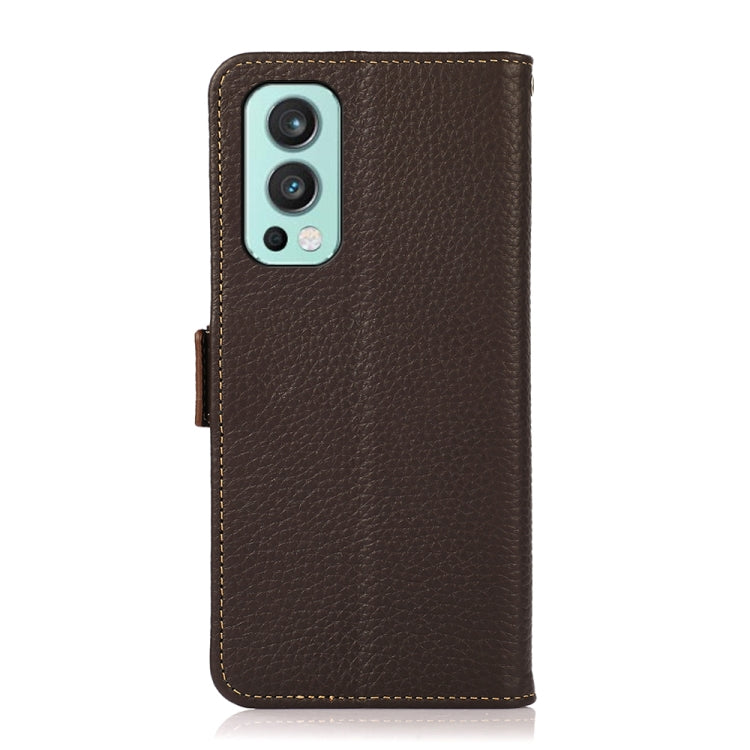 For OnePlus Nord 2 5G KHAZNEH Side-Magnetic Litchi Genuine Leather RFID Phone Case(Brown) - OnePlus Cases by PMC TechLife | Online Shopping South Africa | PMC TechLife | Buy Now Pay Later Mobicred