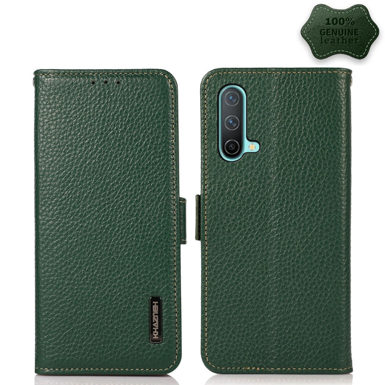 For OnePlus Nord CE 5G KHAZNEH Side-Magnetic Litchi Genuine Leather RFID Phone Case(Green) - OnePlus Cases by PMC TechLife | Online Shopping South Africa | PMC TechLife | Buy Now Pay Later Mobicred