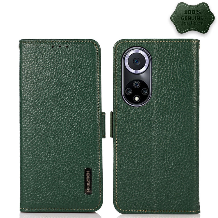 For Huawei nova 9 KHAZNEH Side-Magnetic Litchi Genuine Leather RFID Phone Case(Green) - Huawei Cases by PMC TechLife | Online Shopping South Africa | PMC TechLife | Buy Now Pay Later Mobicred