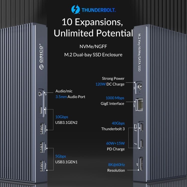 ORICO TB3-S2 Thunderbolt 3 M.2 Dual-bay Docking Station(Grey) - HDD Enclosure by ORICO | Online Shopping South Africa | PMc TechLife | Buy Now Pay Later Mobicred