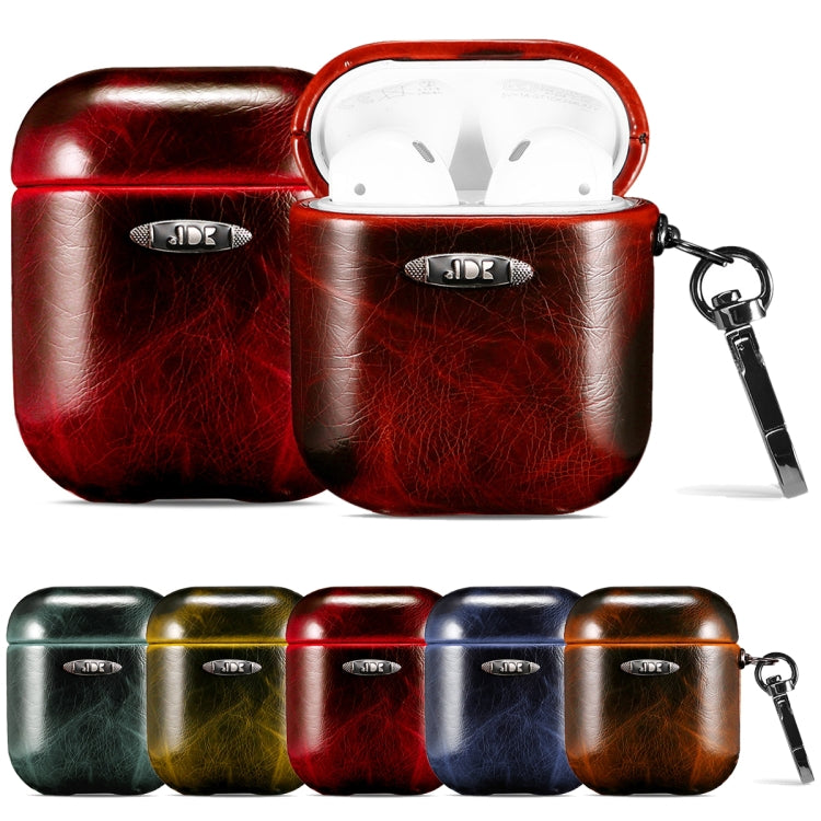 Oil Wax Leather Texture Earphone Protective Case with Hang Buckle For AirPods 1 / 2(Dark Green) - For AirPods 1/2 by PMc TechLife | Online Shopping South Africa | PMc TechLife | Buy Now Pay Later Mobicred