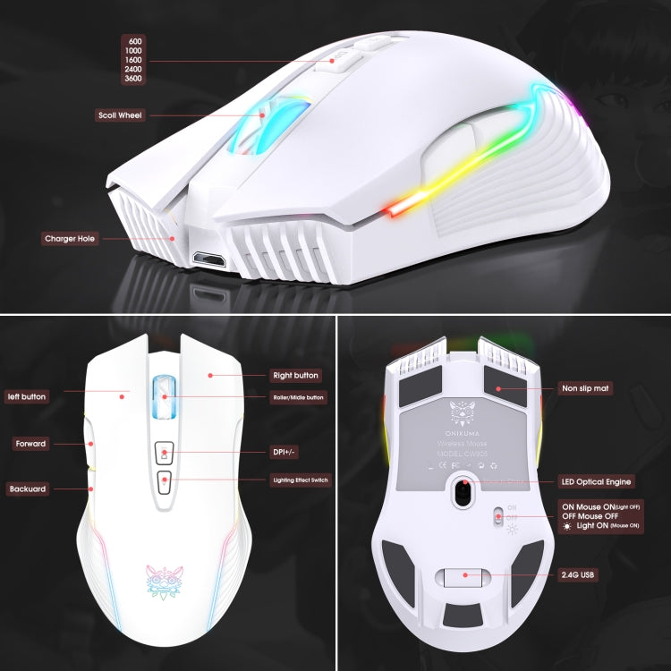 ONIKUMA CW905 2.4G RGB Lighting Wireless Mouse (Grey White) - free shipping - PMC Jewellery - Order now!