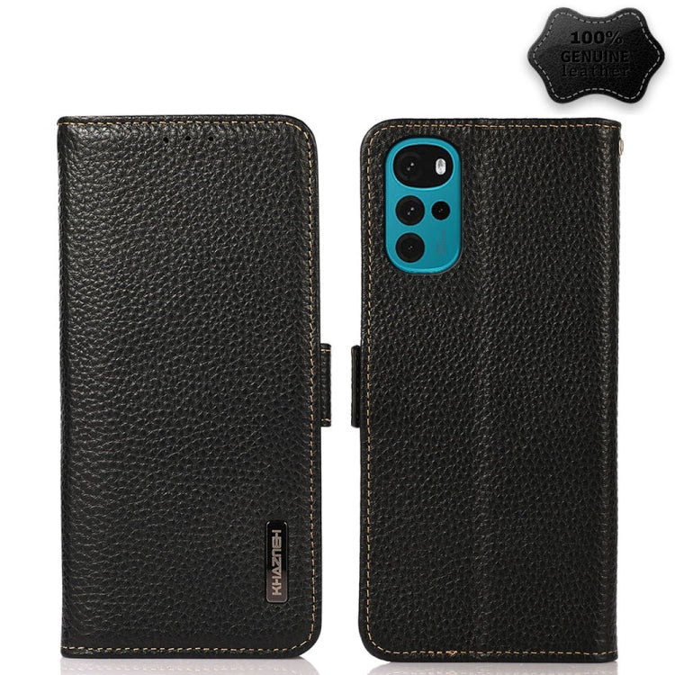 For Motorola Moto G22 KHAZNEH Side-Magnetic Litchi Genuine Leather RFID Phone Case(Black) - Motorola Cases by PMC TechLife | Online Shopping South Africa | PMC TechLife | Buy Now Pay Later Mobicred