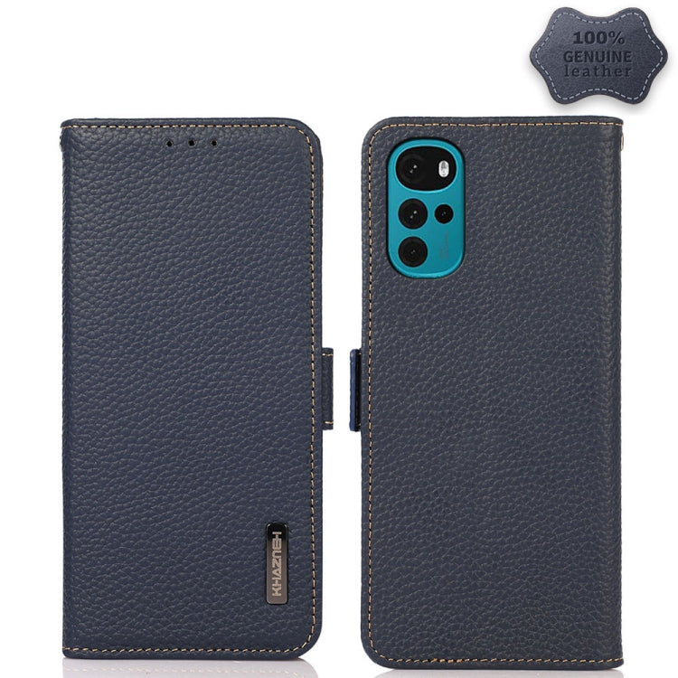 For Motorola Moto G22 KHAZNEH Side-Magnetic Litchi Genuine Leather RFID Phone Case(Blue) - Motorola Cases by PMC TechLife | Online Shopping South Africa | PMC TechLife | Buy Now Pay Later Mobicred