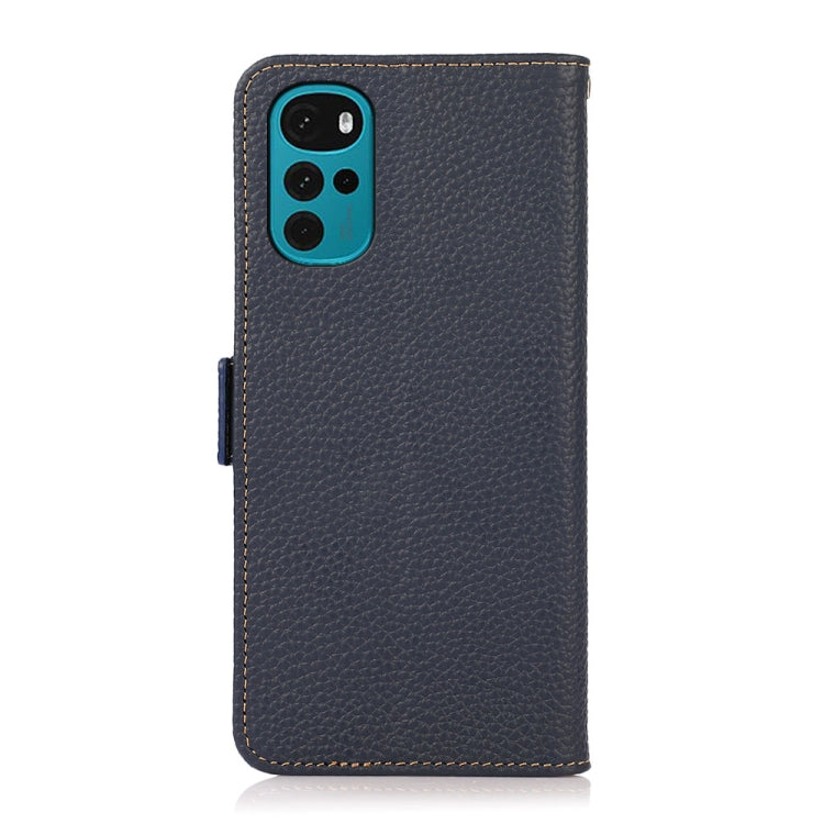 For Motorola Moto G22 KHAZNEH Side-Magnetic Litchi Genuine Leather RFID Phone Case(Blue) - Motorola Cases by PMC TechLife | Online Shopping South Africa | PMC TechLife | Buy Now Pay Later Mobicred
