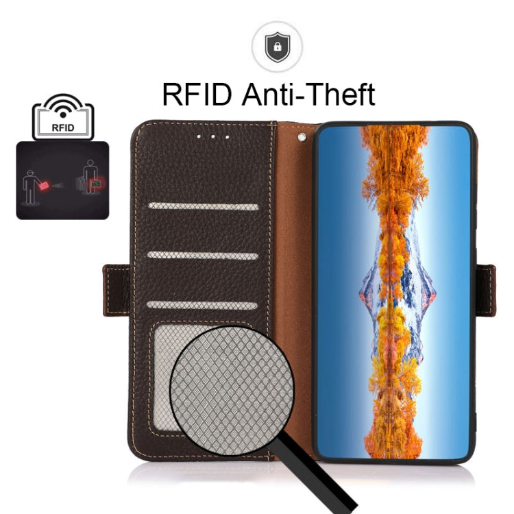 For Motorola Moto G22 KHAZNEH Side-Magnetic Litchi Genuine Leather RFID Phone Case(Brown) - Motorola Cases by PMC TechLife | Online Shopping South Africa | PMC TechLife | Buy Now Pay Later Mobicred