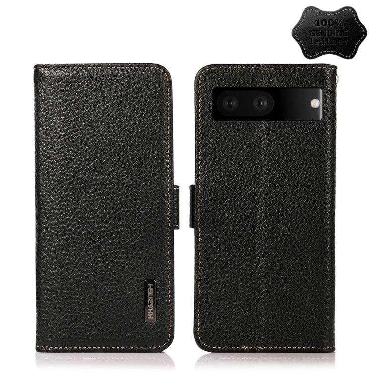For Google Pixel 7 5G KHAZNEH Side-Magnetic Litchi Genuine Leather RFID Phone Case(Black) - Google Cases by PMC TechLife | Online Shopping South Africa | PMC TechLife | Buy Now Pay Later Mobicred