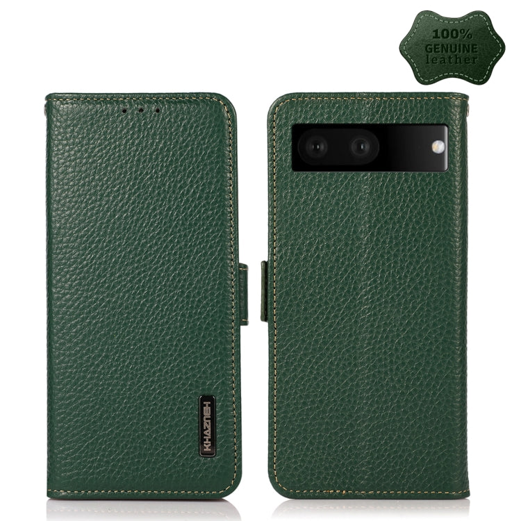 For Google Pixel 7 5G KHAZNEH Side-Magnetic Litchi Genuine Leather RFID Phone Case(Green) - Google Cases by PMC TechLife | Online Shopping South Africa | PMC TechLife | Buy Now Pay Later Mobicred