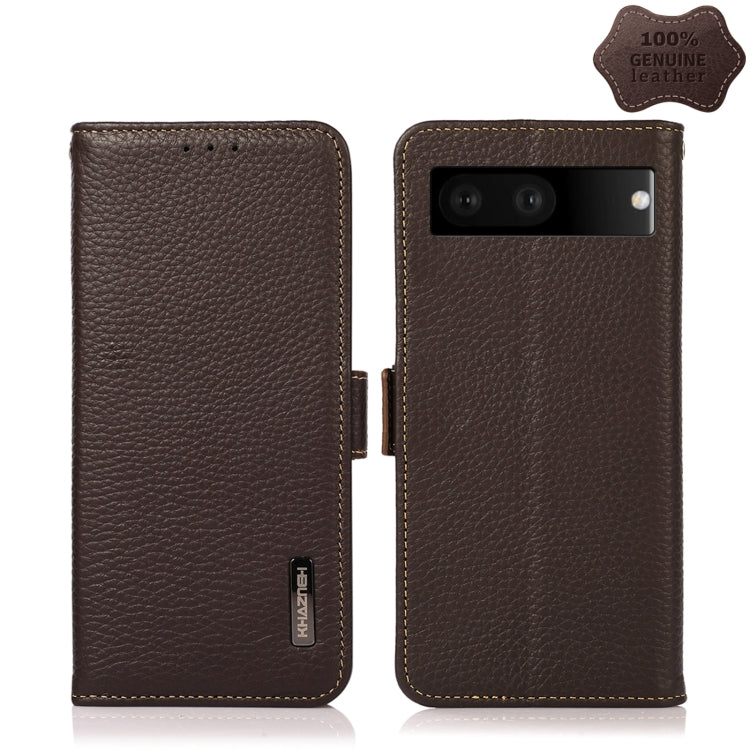 For Google Pixel 7 5G KHAZNEH Side-Magnetic Litchi Genuine Leather RFID Phone Case(Brown) - Google Cases by PMC TechLife | Online Shopping South Africa | PMC TechLife | Buy Now Pay Later Mobicred