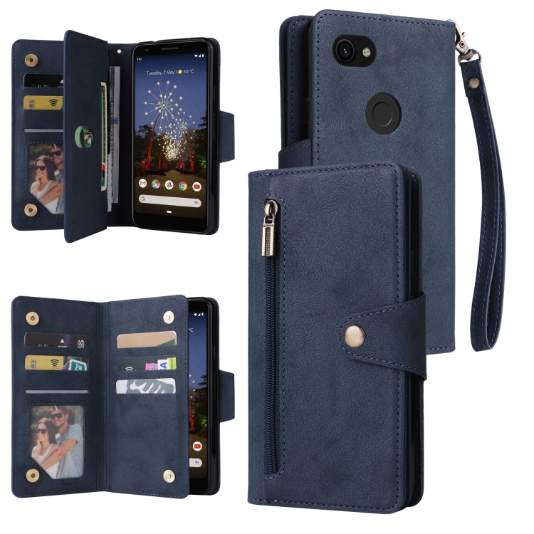 For Google Pixel 3A Rivet Buckle 9 Cards Three Fold Leather Phone Case(Blue) - Google Cases by PMC TechLife | Online Shopping South Africa | PMC TechLife | Buy Now Pay Later Mobicred