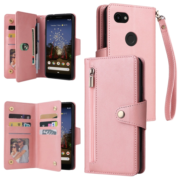 For Google Pixel 3A Rivet Buckle 9 Cards Three Fold Leather Phone Case(Rose Gold) - Google Cases by PMC TechLife | Online Shopping South Africa | PMC TechLife | Buy Now Pay Later Mobicred
