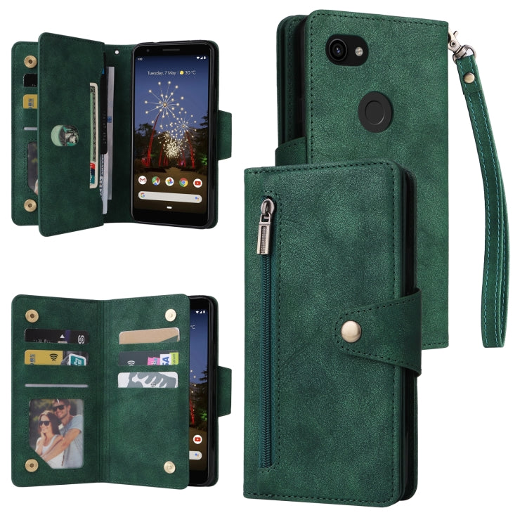 For Google Pixel 3A Rivet Buckle 9 Cards Three Fold Leather Phone Case(Green) - Google Cases by PMC TechLife | Online Shopping South Africa | PMC TechLife | Buy Now Pay Later Mobicred