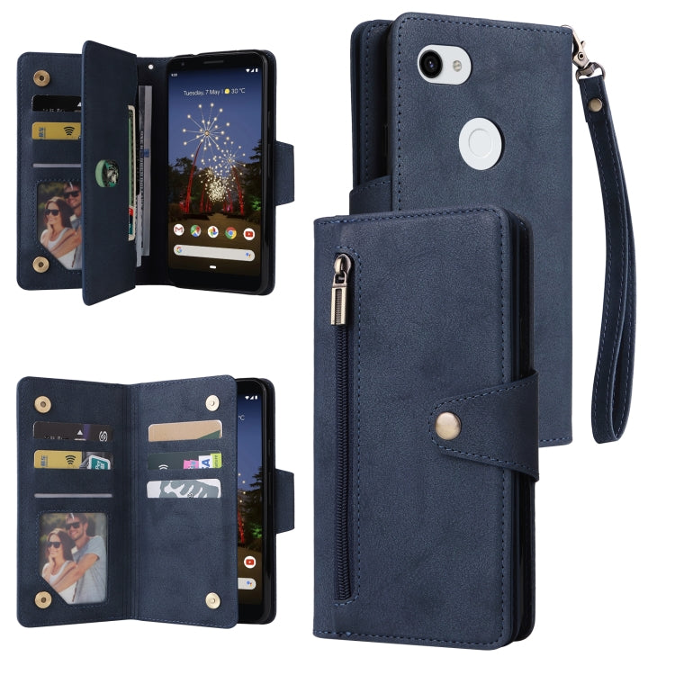 For Google Pixel 3A XL Rivet Buckle 9 Cards Three Fold Leather Phone Case(Blue) - Google Cases by PMC TechLife | Online Shopping South Africa | PMC TechLife | Buy Now Pay Later Mobicred