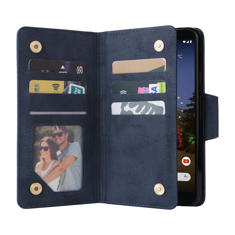 For Google Pixel 3A XL Rivet Buckle 9 Cards Three Fold Leather Phone Case(Blue) - Google Cases by PMC TechLife | Online Shopping South Africa | PMC TechLife | Buy Now Pay Later Mobicred