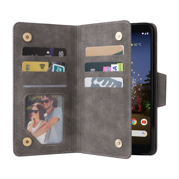 For Google Pixel 3A XL Rivet Buckle 9 Cards Three Fold Leather Phone Case(Grey) - Google Cases by PMC TechLife | Online Shopping South Africa | PMC TechLife | Buy Now Pay Later Mobicred