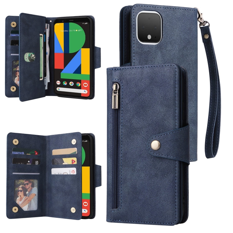 For Google Pixel 4 Rivet Buckle 9 Cards Three Fold Leather Phone Case(Blue) - Google Cases by PMC TechLife | Online Shopping South Africa | PMC TechLife | Buy Now Pay Later Mobicred
