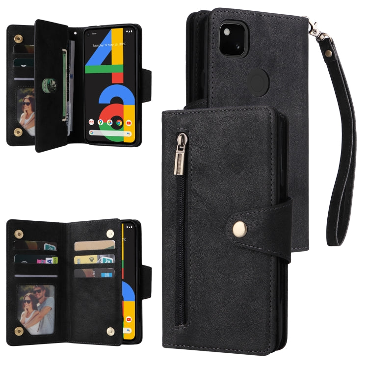 For Google Pixel 4A 4G Rivet Buckle 9 Cards Three Fold Leather Phone Case(Black) - Google Cases by PMC TechLife | Online Shopping South Africa | PMC TechLife | Buy Now Pay Later Mobicred