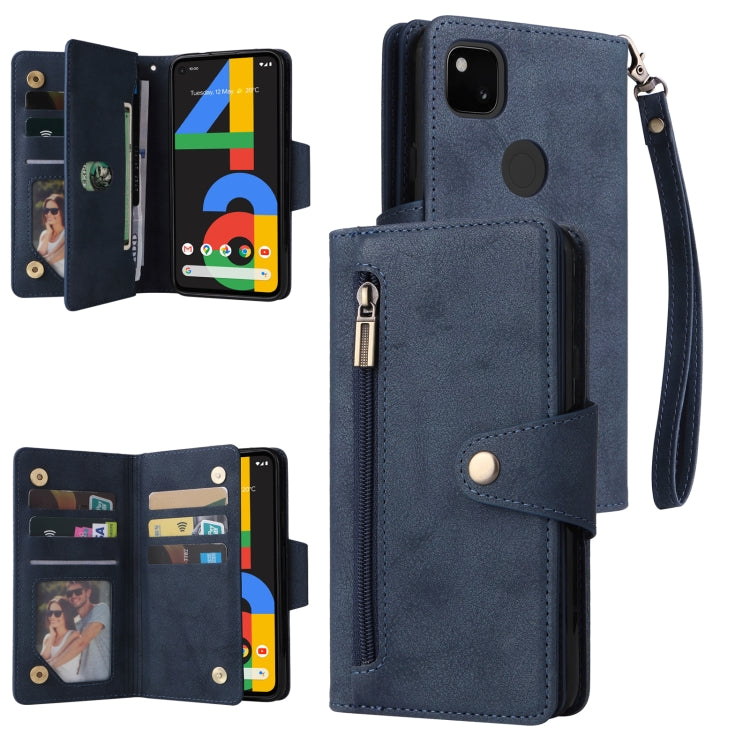 For Google Pixel 4A 4G Rivet Buckle 9 Cards Three Fold Leather Phone Case(Blue) - Google Cases by PMC TechLife | Online Shopping South Africa | PMC TechLife | Buy Now Pay Later Mobicred
