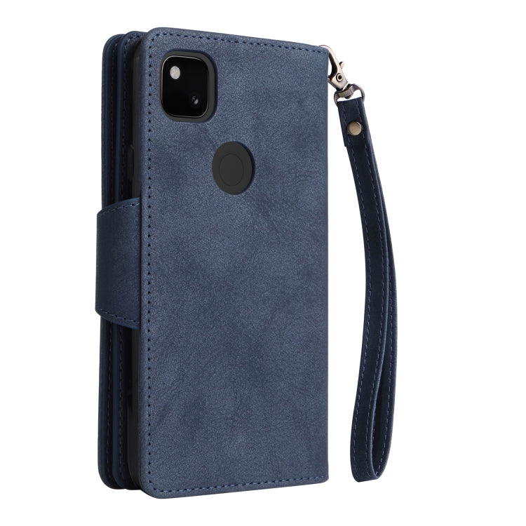 For Google Pixel 4A 4G Rivet Buckle 9 Cards Three Fold Leather Phone Case(Blue) - Google Cases by PMC TechLife | Online Shopping South Africa | PMC TechLife | Buy Now Pay Later Mobicred