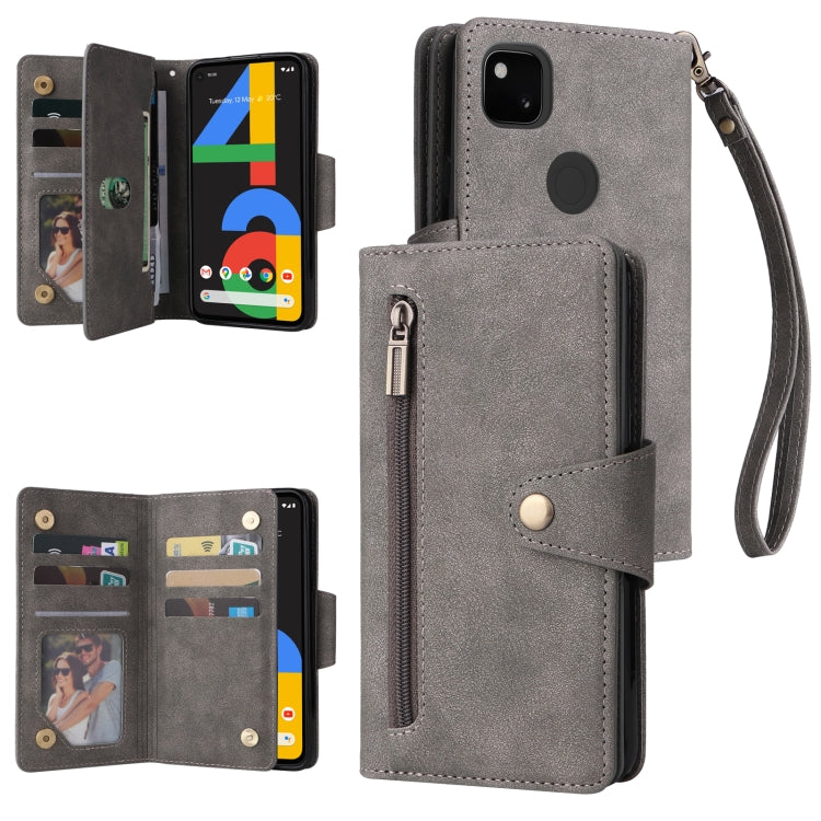 For Google Pixel 4A 4G Rivet Buckle 9 Cards Three Fold Leather Phone Case(Grey) - Google Cases by PMC TechLife | Online Shopping South Africa | PMC TechLife | Buy Now Pay Later Mobicred