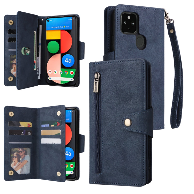 For Google Pixel 4A 5G Rivet Buckle 9 Cards Three Fold Leather Phone Case(Blue) - Google Cases by PMC TechLife | Online Shopping South Africa | PMC TechLife | Buy Now Pay Later Mobicred