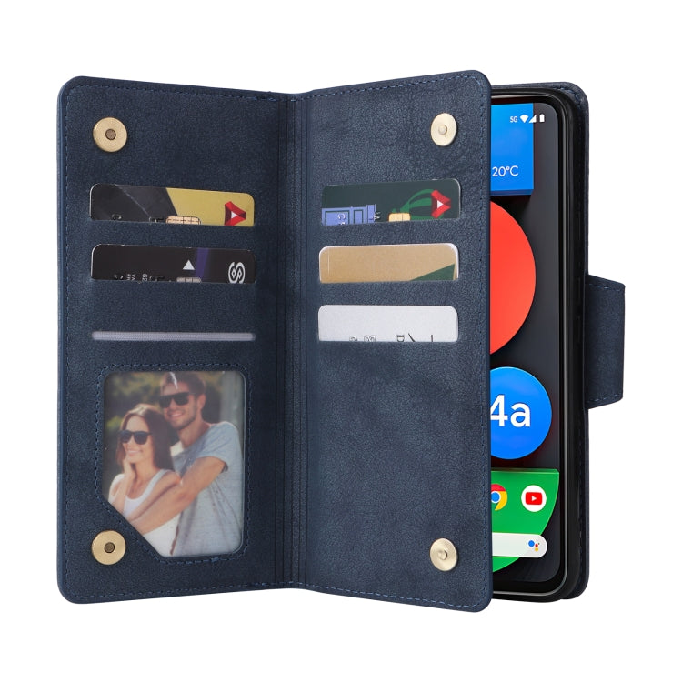 For Google Pixel 4A 5G Rivet Buckle 9 Cards Three Fold Leather Phone Case(Blue) - Google Cases by PMC TechLife | Online Shopping South Africa | PMC TechLife | Buy Now Pay Later Mobicred