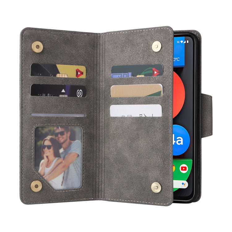 For Google Pixel 4A 5G Rivet Buckle 9 Cards Three Fold Leather Phone Case(Grey) - Google Cases by PMC TechLife | Online Shopping South Africa | PMC TechLife | Buy Now Pay Later Mobicred