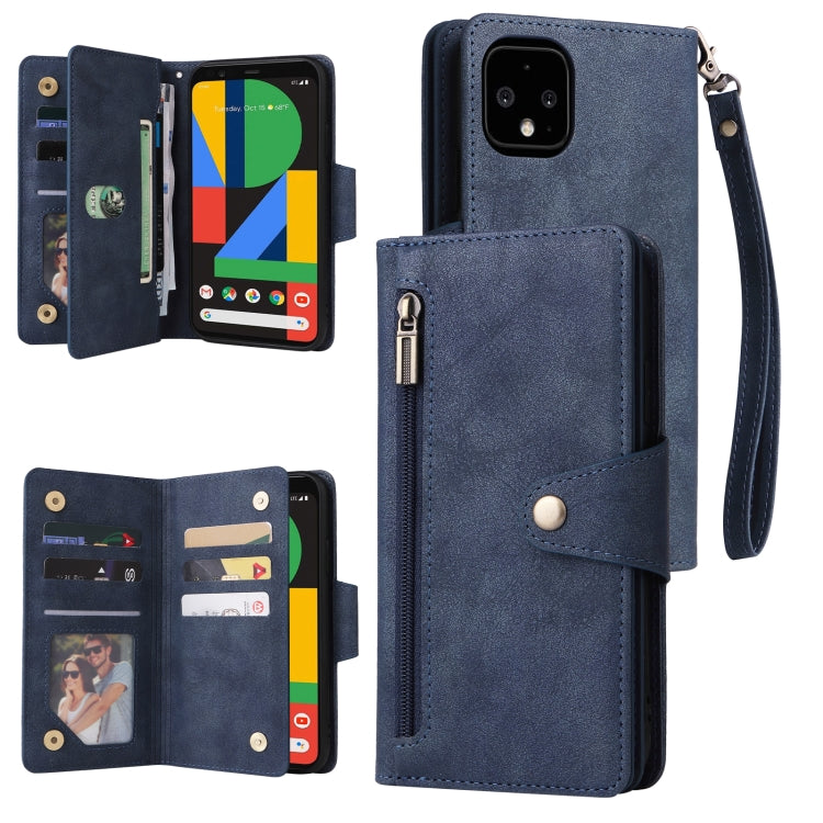 For Google Pixel 4 XL Rivet Buckle 9 Cards Three Fold Leather Phone Case(Blue) - Google Cases by PMC TechLife | Online Shopping South Africa | PMC TechLife | Buy Now Pay Later Mobicred