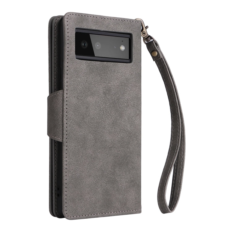 For Google Pixel 6 Rivet Buckle 9 Cards Three Fold Leather Phone Case(Grey) - Google Cases by PMC TechLife | Online Shopping South Africa | PMC TechLife | Buy Now Pay Later Mobicred