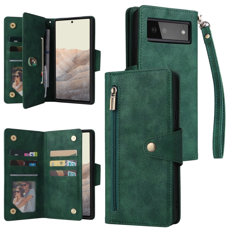 For Google Pixel 6 Rivet Buckle 9 Cards Three Fold Leather Phone Case(Green) - Google Cases by PMC TechLife | Online Shopping South Africa | PMC TechLife | Buy Now Pay Later Mobicred