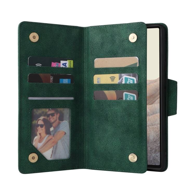 For Google Pixel 6 Rivet Buckle 9 Cards Three Fold Leather Phone Case(Green) - Google Cases by PMC TechLife | Online Shopping South Africa | PMC TechLife | Buy Now Pay Later Mobicred
