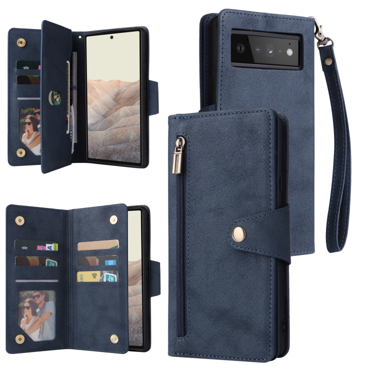 For Google Pixel 6 Pro Rivet Buckle 9 Cards Three Fold Leather Phone Case(Blue) - Google Cases by PMC TechLife | Online Shopping South Africa | PMC TechLife | Buy Now Pay Later Mobicred