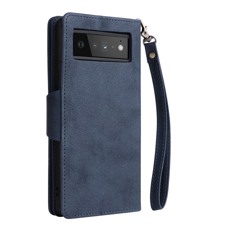 For Google Pixel 6 Pro Rivet Buckle 9 Cards Three Fold Leather Phone Case(Blue) - Google Cases by PMC TechLife | Online Shopping South Africa | PMC TechLife | Buy Now Pay Later Mobicred