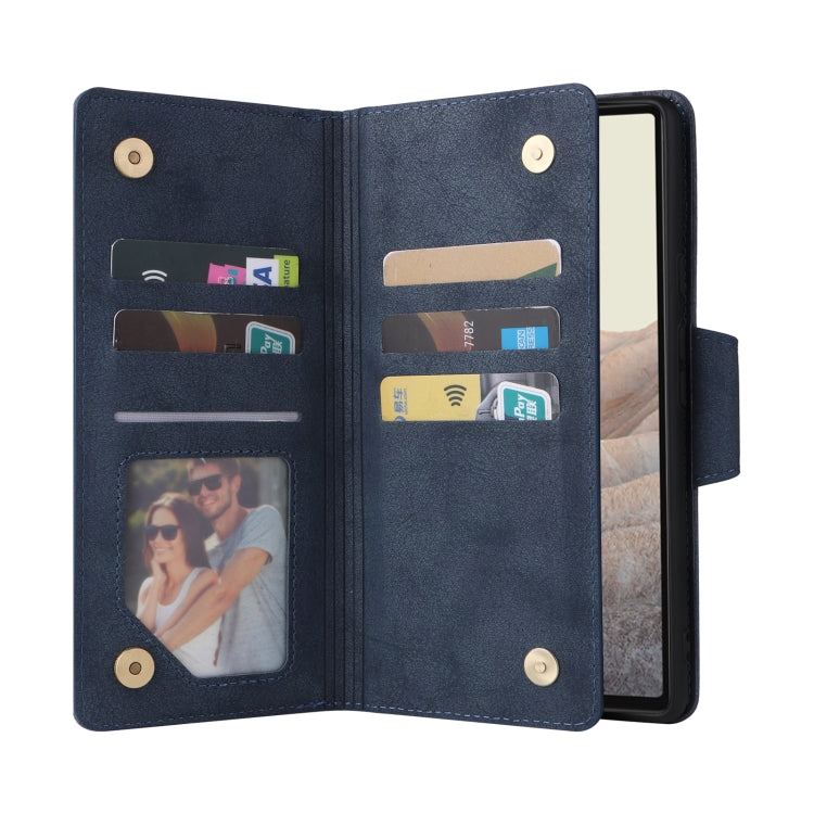 For Google Pixel 6 Pro Rivet Buckle 9 Cards Three Fold Leather Phone Case(Blue) - Google Cases by PMC TechLife | Online Shopping South Africa | PMC TechLife | Buy Now Pay Later Mobicred