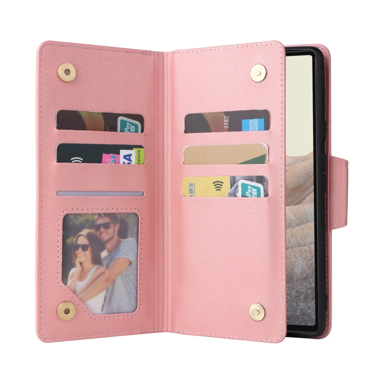 For Google Pixel 6 Pro Rivet Buckle 9 Cards Three Fold Leather Phone Case(Rose Gold) - Google Cases by PMC TechLife | Online Shopping South Africa | PMC TechLife | Buy Now Pay Later Mobicred