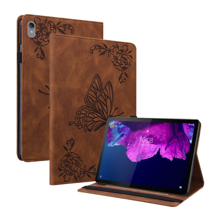 For Lenovo Tab P11 TB-J606F Butterfly Flower Embossed Leather Tablet Case(Brown) - Lenovo by PMC TechLife | Online Shopping South Africa | PMC TechLife | Buy Now Pay Later Mobicred