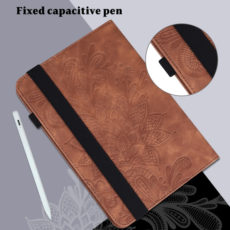 For Lenovo M10 Plus 10.6 3rd Gen 2022 Lace Flower Embossing Pattern Leather Tablet Case(Brown) - Lenovo by PMC TechLife | Online Shopping South Africa | PMC TechLife | Buy Now Pay Later Mobicred