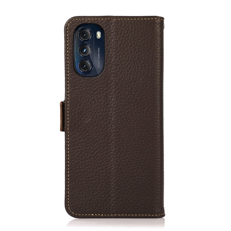 For Motorola Moto G 2022 5G KHAZNEH Side-Magnetic Litchi Genuine Leather RFID Phone Case(Brown) - Motorola Cases by PMC TechLife | Online Shopping South Africa | PMC TechLife | Buy Now Pay Later Mobicred