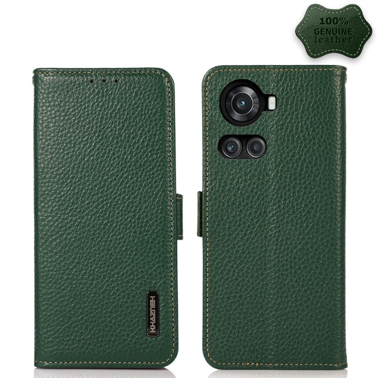 For OnePlus 10R / Ace KHAZNEH Side-Magnetic Litchi Genuine Leather RFID Phone Case(Green) - OnePlus Cases by PMC TechLife | Online Shopping South Africa | PMC TechLife | Buy Now Pay Later Mobicred