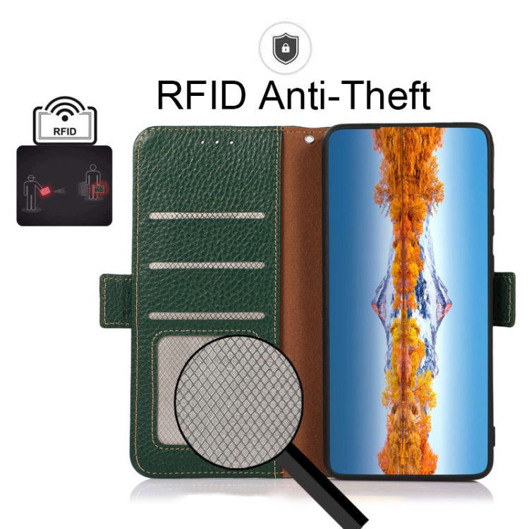 For OnePlus 10R / Ace KHAZNEH Side-Magnetic Litchi Genuine Leather RFID Phone Case(Green) - OnePlus Cases by PMC TechLife | Online Shopping South Africa | PMC TechLife | Buy Now Pay Later Mobicred