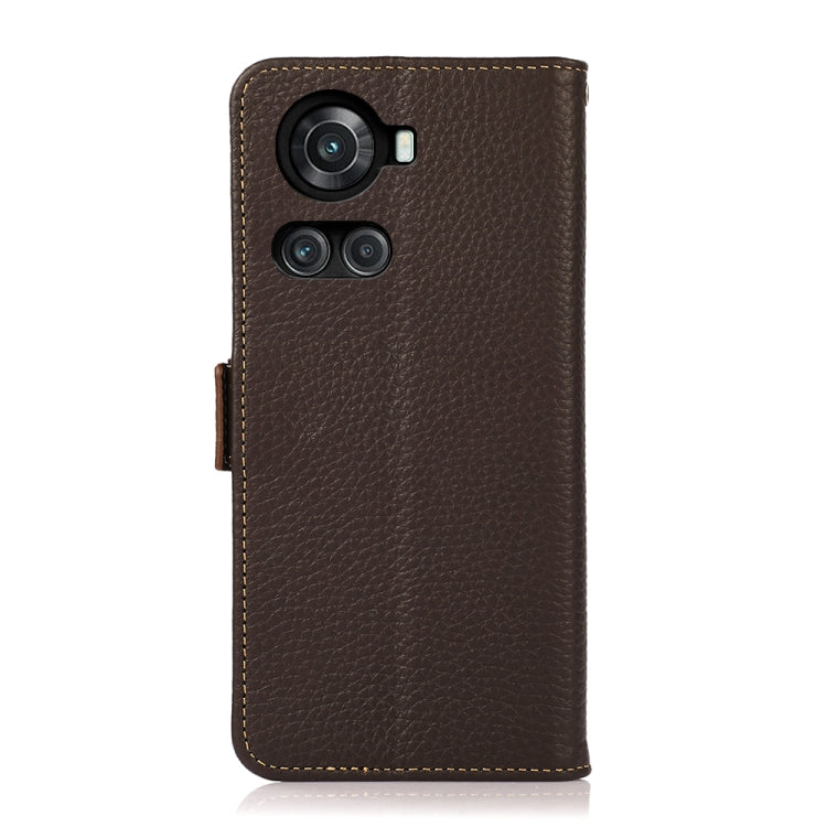 For OnePlus 10R / Ace KHAZNEH Side-Magnetic Litchi Genuine Leather RFID Phone Case(Brown) - OnePlus Cases by PMC TechLife | Online Shopping South Africa | PMC TechLife | Buy Now Pay Later Mobicred