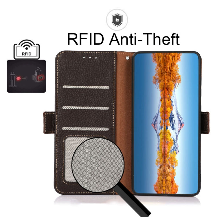 For OnePlus 10R / Ace KHAZNEH Side-Magnetic Litchi Genuine Leather RFID Phone Case(Brown) - OnePlus Cases by PMC TechLife | Online Shopping South Africa | PMC TechLife | Buy Now Pay Later Mobicred