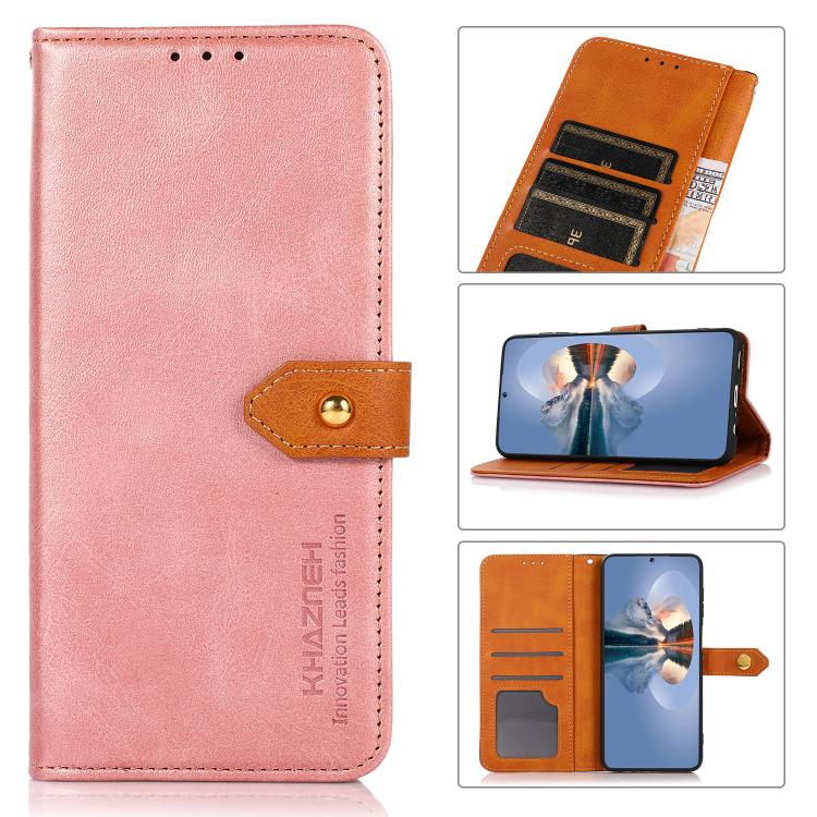 For iPhone 15 KHAZNEH Dual-color Cowhide Texture Flip Leather Phone Case(Rose Gold) - iPhone 16e Cases by PMC TechLife | Online Shopping South Africa | PMC TechLife | Buy Now Pay Later Mobicred