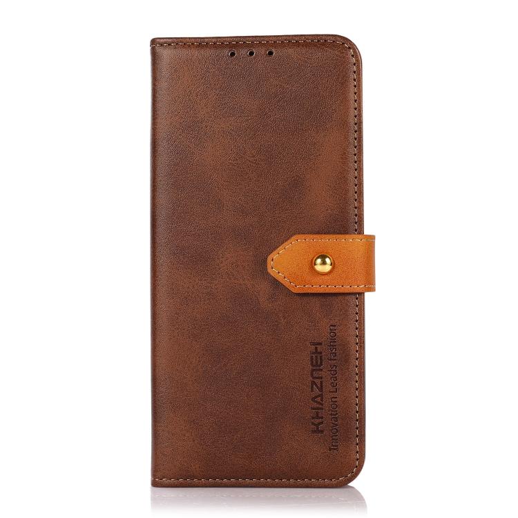 For iPhone 15 KHAZNEH Dual-color Cowhide Texture Flip Leather Phone Case(Brown) - iPhone 16e Cases by PMC TechLife | Online Shopping South Africa | PMC TechLife | Buy Now Pay Later Mobicred