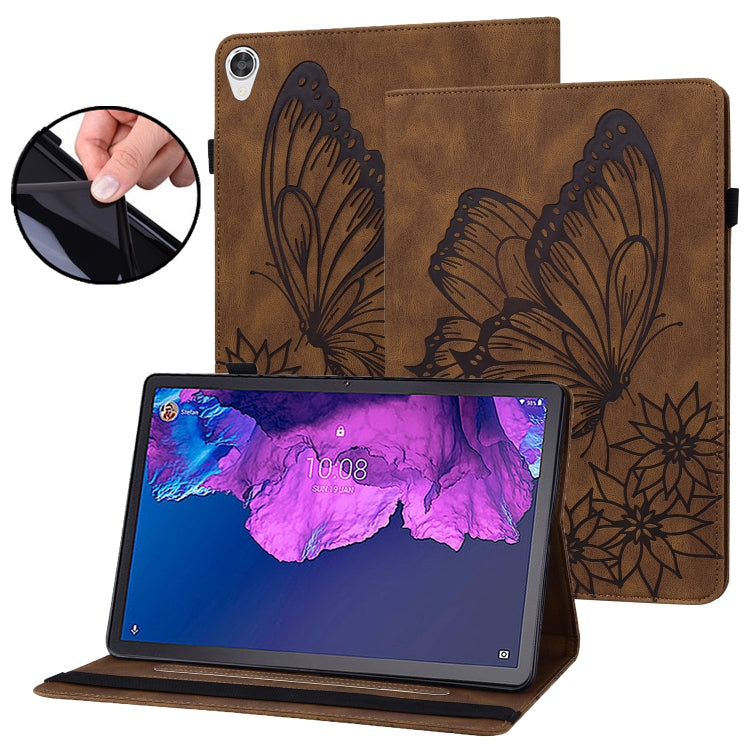 For Lenovo Tab P11 Big Butterfly Embossed Leather Tablet Case(Brown) - Lenovo by PMC TechLife | Online Shopping South Africa | PMC TechLife | Buy Now Pay Later Mobicred