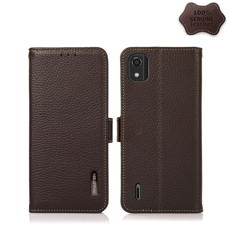 For Nokia C2 2nd Edition KHAZNEH Side-Magnetic Litchi Genuine Leather RFID Phone Case(Brown) - Nokia Cases by PMC TechLife | Online Shopping South Africa | PMC TechLife | Buy Now Pay Later Mobicred