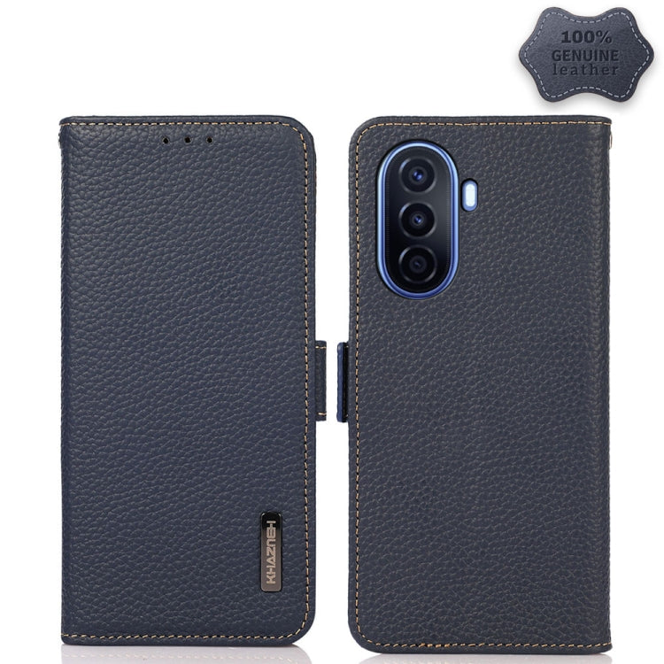 For Huawei nova Y70 Plus KHAZNEH Side-Magnetic Litchi Genuine Leather RFID Phone Case(Blue) - Huawei Cases by PMC TechLife | Online Shopping South Africa | PMC TechLife | Buy Now Pay Later Mobicred