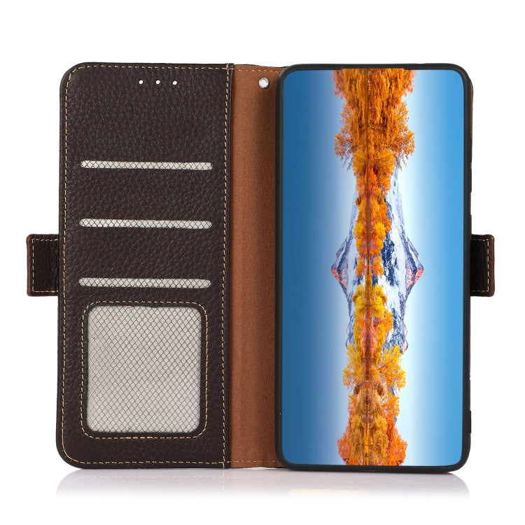 For Huawei nova Y70 Plus KHAZNEH Side-Magnetic Litchi Genuine Leather RFID Phone Case(Brown) - Huawei Cases by PMC TechLife | Online Shopping South Africa | PMC TechLife | Buy Now Pay Later Mobicred